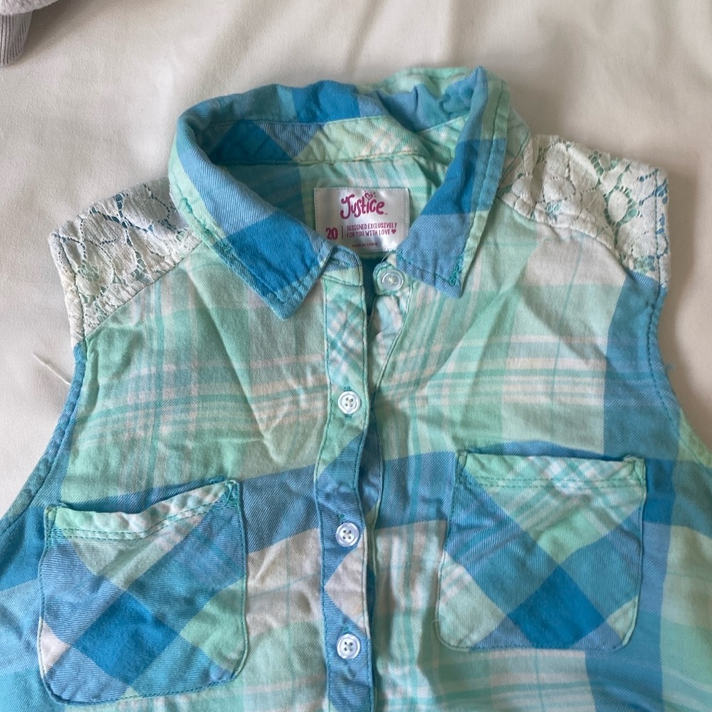 Justice Plaid Button down sleeveless top